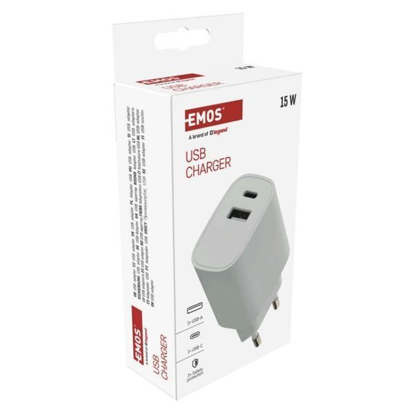Універсальний USB зарядний пристрій EMOS V02B15 1xUSB-A, 1xUSB-C 15W 220V V02B15 фото