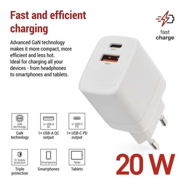 Универсальное USB GAN зарядное устройство EMOS V02G20 1xUSB-A, 1xUB-C 20W 220V PD V02G20 фото