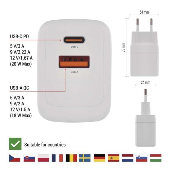 Универсальное USB GAN зарядное устройство EMOS V02G20 1xUSB-A, 1xUB-C 20W 220V PD V02G20 фото