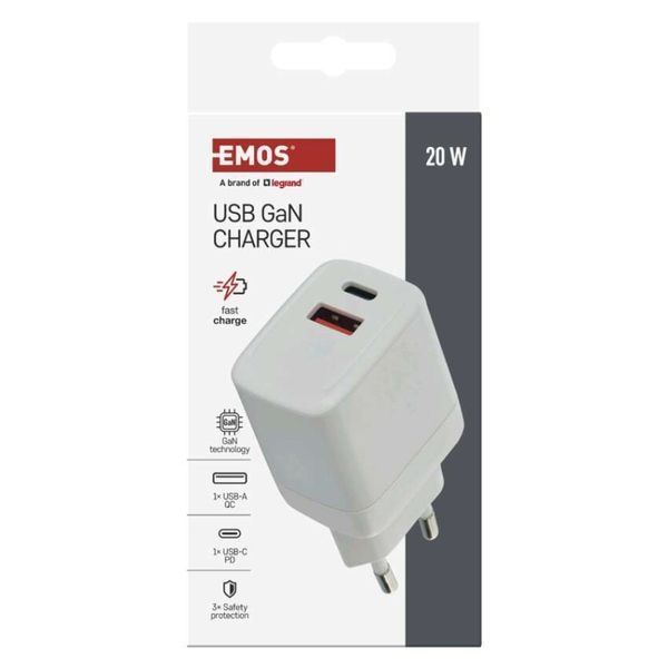 Универсальное USB GAN зарядное устройство EMOS V02G20 1xUSB-A, 1xUB-C 20W 220V PD V02G20 фото