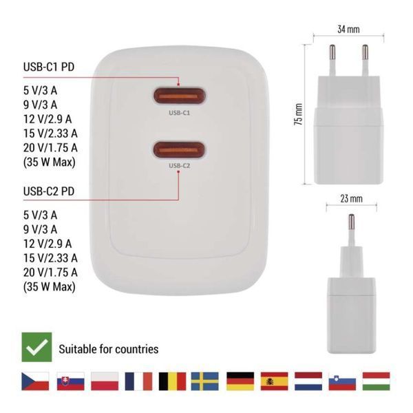 Універсальний USB зарядний пристрій EMOS V03G35 2xUSB-С 15W 220V V03G35 фото