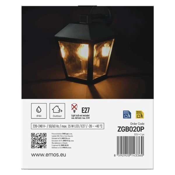 Світильник світлодіодний садовий EMOS ZGB020P e27, ip44, 15w, настінний ZGB020P фото