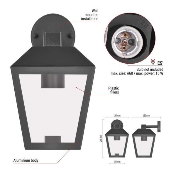 Світильник світлодіодний садовий EMOS ZGB020P e27, ip44, 15w, настінний ZGB020P фото