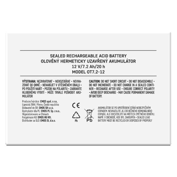 Акумуляторна батарея EMOS B9654, AGM, 12V, 7,2Ah, fast 4,7mm B9654 фото