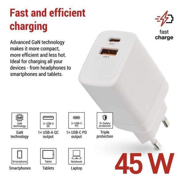 Універсальний USB GAN зарядний пристрій EMOS V04G45 1xUSB-A, 1xUB-C 20W 220V PD V04G45 фото