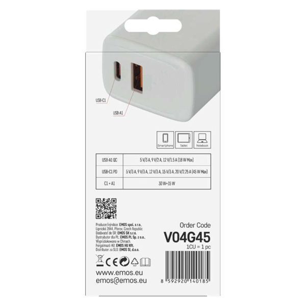 Універсальний USB GAN зарядний пристрій EMOS V04G45 1xUSB-A, 1xUB-C 20W 220V PD V04G45 фото