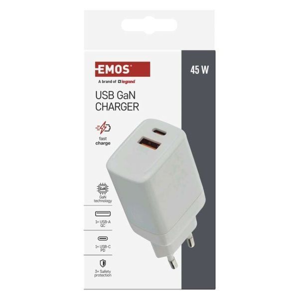 Універсальний USB GAN зарядний пристрій EMOS V04G45 1xUSB-A, 1xUB-C 20W 220V PD V04G45 фото