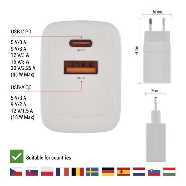 Універсальний USB GAN зарядний пристрій EMOS V04G45 1xUSB-A, 1xUB-C 20W 220V PD V04G45 фото