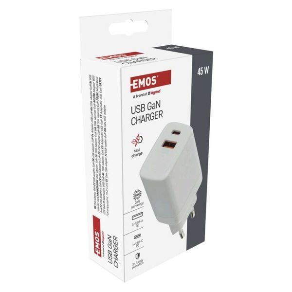 Універсальний USB GAN зарядний пристрій EMOS V04G45 1xUSB-A, 1xUB-C 20W 220V PD V04G45 фото