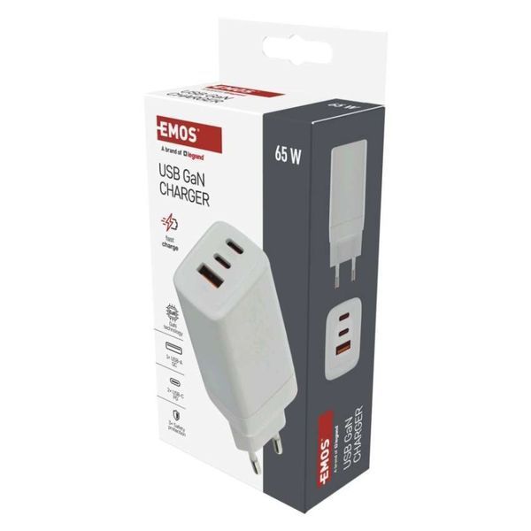Универсальное USB GAN зарядное устройство EMOS V05G65 1xUSB-A, 2xUB-C 65W 220V PD V05G65 фото