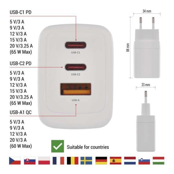 Универсальное USB GAN зарядное устройство EMOS V05G65 1xUSB-A, 2xUB-C 65W 220V PD V05G65 фото