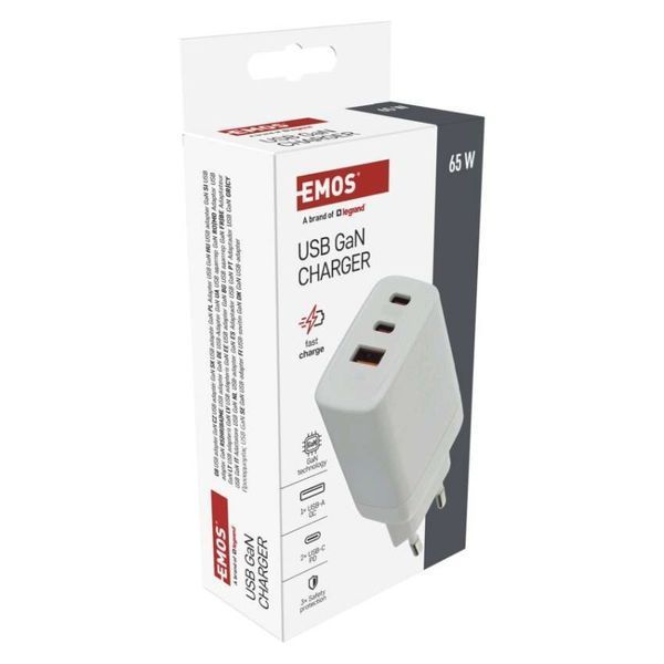 Универсальное USB GAN зарядное устройство EMOS V05G65 1xUSB-A, 2xUB-C 65W 220V PD V05G65 фото