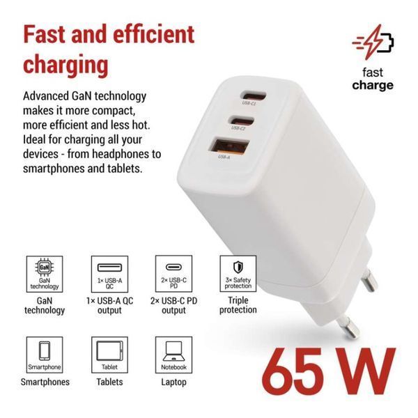Универсальное USB GAN зарядное устройство EMOS V05G65 1xUSB-A, 2xUB-C 65W 220V PD V05G65 фото