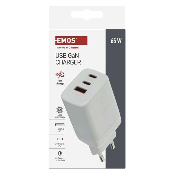 Универсальное USB GAN зарядное устройство EMOS V05G65 1xUSB-A, 2xUB-C 65W 220V PD V05G65 фото