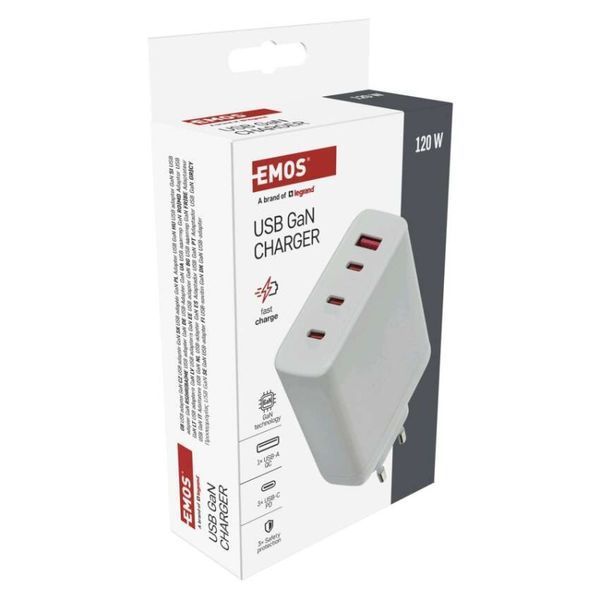 Универсальное USB GAN зарядное устройство EMOS V06G120 1xUSB-A, 3xUB-C 120W 220V PD V06G120 фото