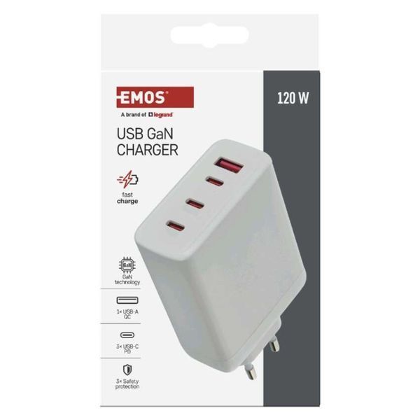 Универсальное USB GAN зарядное устройство EMOS V06G120 1xUSB-A, 3xUB-C 120W 220V PD V06G120 фото