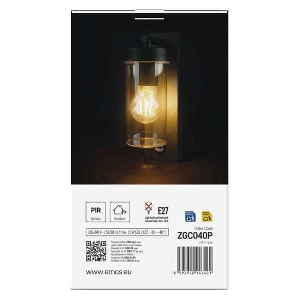 Светильник светодиодный садовый EMOS ZGC040P e27, ip44, PIR, 15w, настенный ZGC040P фото