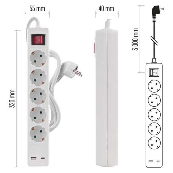 Мережевий подовжувач Emos P1523CU 5 розеток 3 м 1,5 мм&sup2; USB-A USB-C P1523CU фото