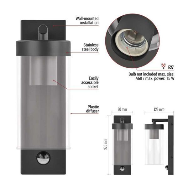 Светильник светодиодный садовый EMOS ZGC040P e27, ip44, PIR, 15w, настенный ZGC040P фото