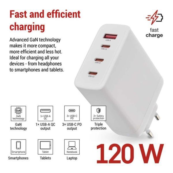 Универсальное USB GAN зарядное устройство EMOS V06G120 1xUSB-A, 3xUB-C 120W 220V PD V06G120 фото