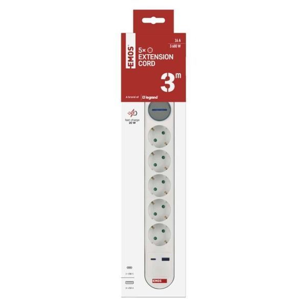 Мережевий подовжувач Emos P1523FC 5 розеток 3 м 1,5 мм&sup2; USB-A USB-C P1523FC фото