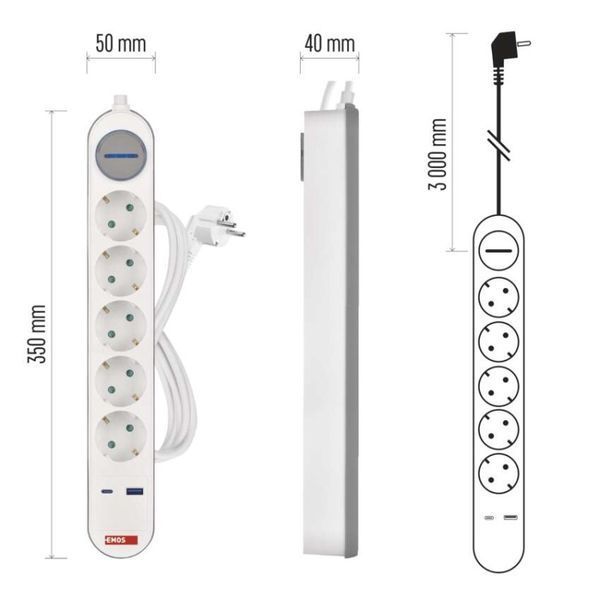 Мережевий подовжувач Emos P1523FC 5 розеток 3 м 1,5 мм&sup2; USB-A USB-C P1523FC фото