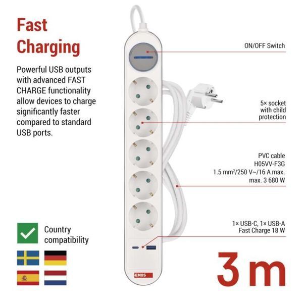 Мережевий подовжувач Emos P1523FC 5 розеток 3 м 1,5 мм&sup2; USB-A USB-C P1523FC фото
