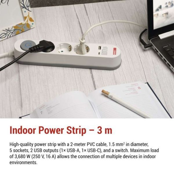 Мережевий подовжувач Emos P1523FC 5 розеток 3 м 1,5 мм&sup2; USB-A USB-C P1523FC фото