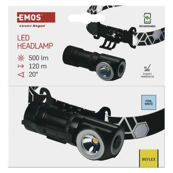 Лiхтар налобний акумуляторний LED EMOS P3544 500 Lm, Li-Ion 800 mAh, метал P3544 фото