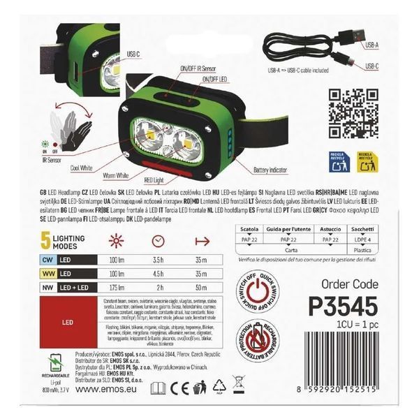Ліхтар налобний акумуляторний Emos P3545 175 Lm 800 mAh Li-Ion P3545 фото