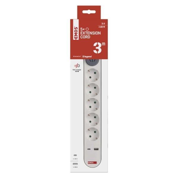 Мережевий подовжувач Emos P1523PD 5 розеток 3 м 1,5 мм&sup2; USB-A USB-C P1523PD фото