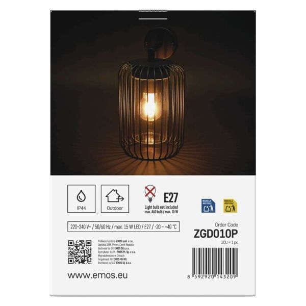 Світильник світлодіодний садовий EMOS ZGD010P e27, ip44,15w, настінний ZGD010P фото