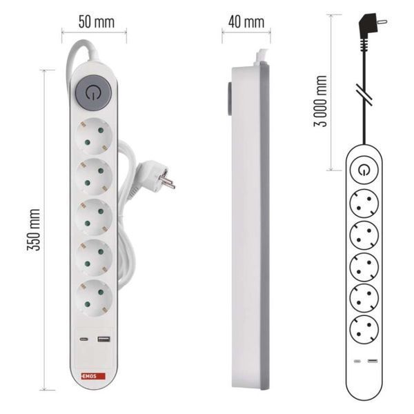 Мережевий подовжувач Emos P1523PD 5 розеток 3 м 1,5 мм&sup2; USB-A USB-C P1523PD фото