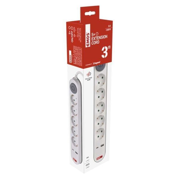 Мережевий подовжувач Emos P1523PD 5 розеток 3 м 1,5 мм&sup2; USB-A USB-C P1523PD фото