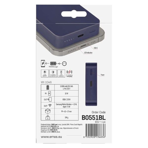 Повербанк беспроводной EMOS B0551BL MagSafe 10 000 мАч 20 Вт B0551BL фото