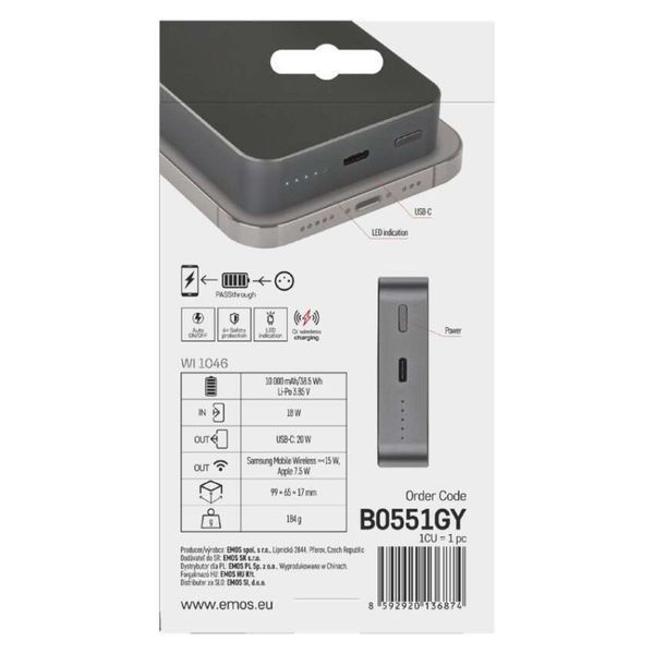 Повербанк беспроводной EMOS B0551GY MagSafe 10 000 мАч 20 Вт B0551GY фото