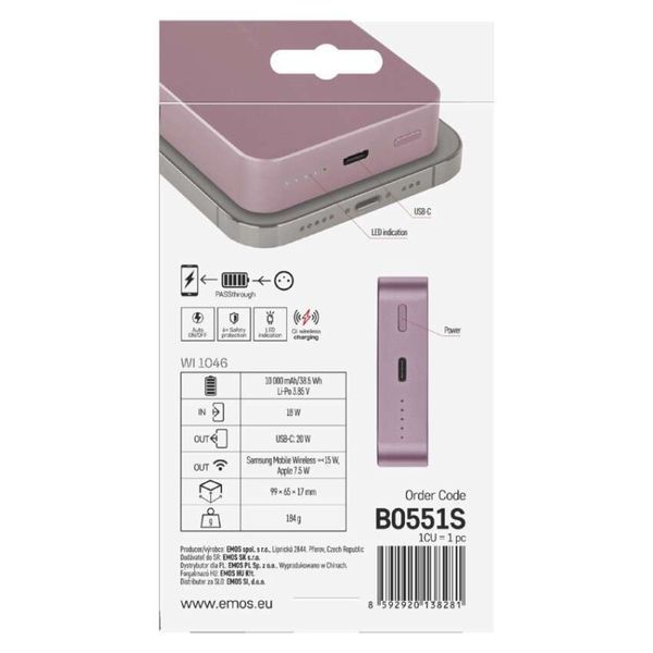 Повербанк бездротовий EMOS B0551S MagSafe 10 000 мАг 20 Вт B0551S фото