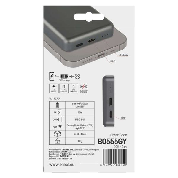 Повербанк EMOS B0555GY MagSafe 5 000 мАг 20 Вт B0555GY фото
