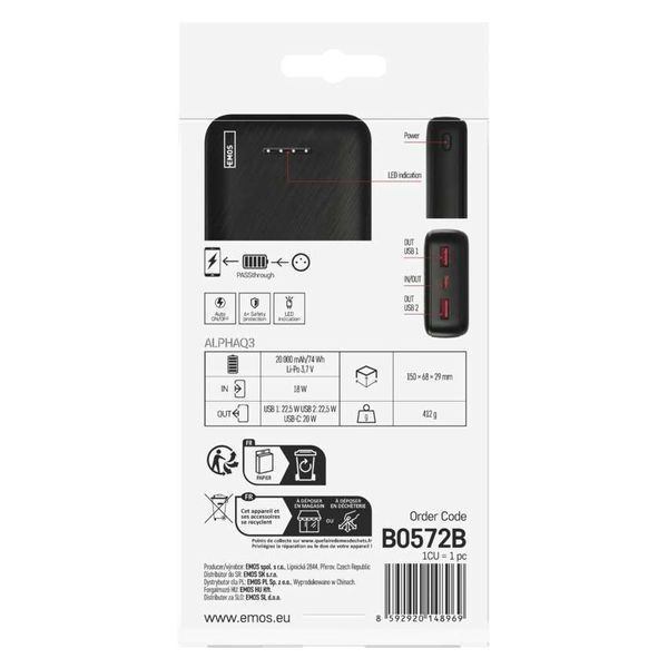 Павербанк EMOS B0572B 22,5W/20000mAh, чорний, PD20W B0572B фото