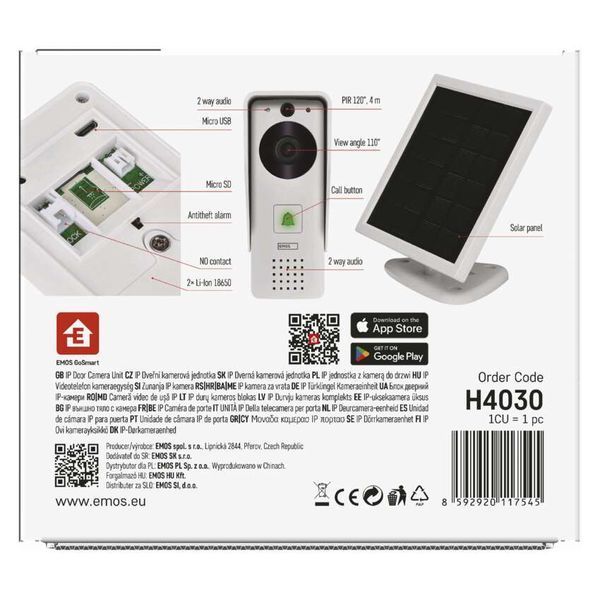 Умный беспроводной видеозвонок EMOS H4030 GoSmart на аккумуляторе с Wi-Fi и солнечной панелью H4030 фото