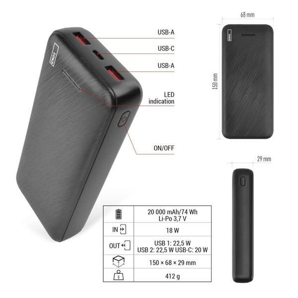 Павербанк EMOS B0572B 22,5W/20000mAh, чорний, PD20W B0572B фото