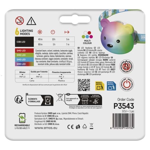 Ліхтар дитячий акумуляторний налобний Emos P3543 80 Lm Li-Pol 500 mAh P3543 фото