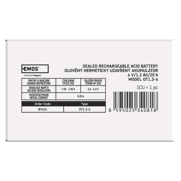Акумуляторна батарея EMOS B9651, AGM 6V, 1.3Ah fast 4,7mm B9651 фото