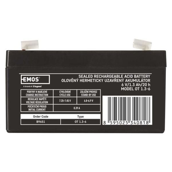 Акумуляторна батарея EMOS B9651, AGM 6V, 1.3Ah fast 4,7mm B9651 фото