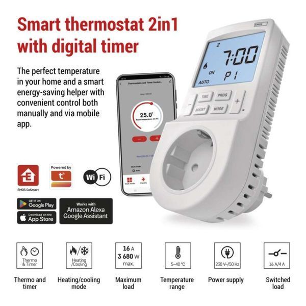 Термостат EMOS P56601SH 2-в-1 з цифровим таймером, штепсельною вилкою, WiFi P56601SH фото