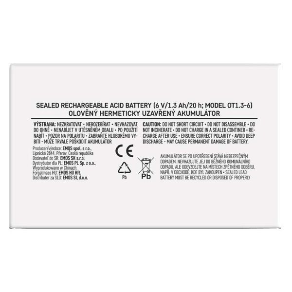 Акумуляторна батарея EMOS B9651, AGM 6V, 1.3Ah fast 4,7mm B9651 фото