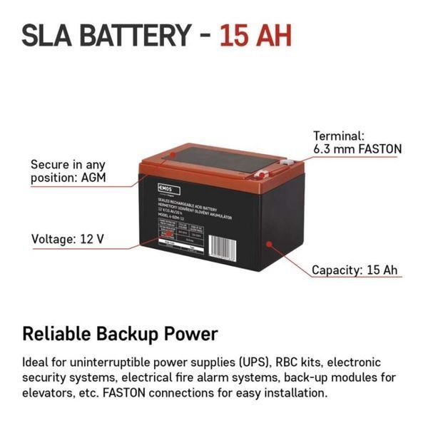 Акумуляторна батарея EMOS B9656V, AGM, 12V, 15Ah, fast 6,3mm B9656V фото