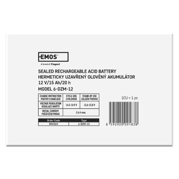 Акумуляторна батарея EMOS B9656V, AGM, 12V, 15Ah, fast 6,3mm B9656V фото