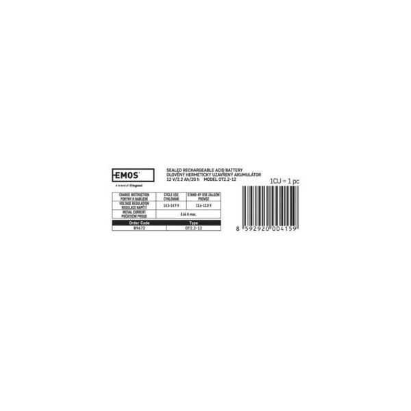 Акумуляторна батарея EMOS B9672, AGM, 12V, 2,2Ah, fast 4,7mm B9672 фото