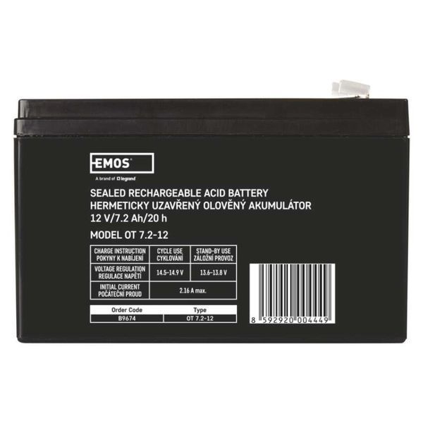 Акумуляторна батарея EMOS B9674, AGM, 12V, 7,2Ah, fast 6,3mm B9674 фото